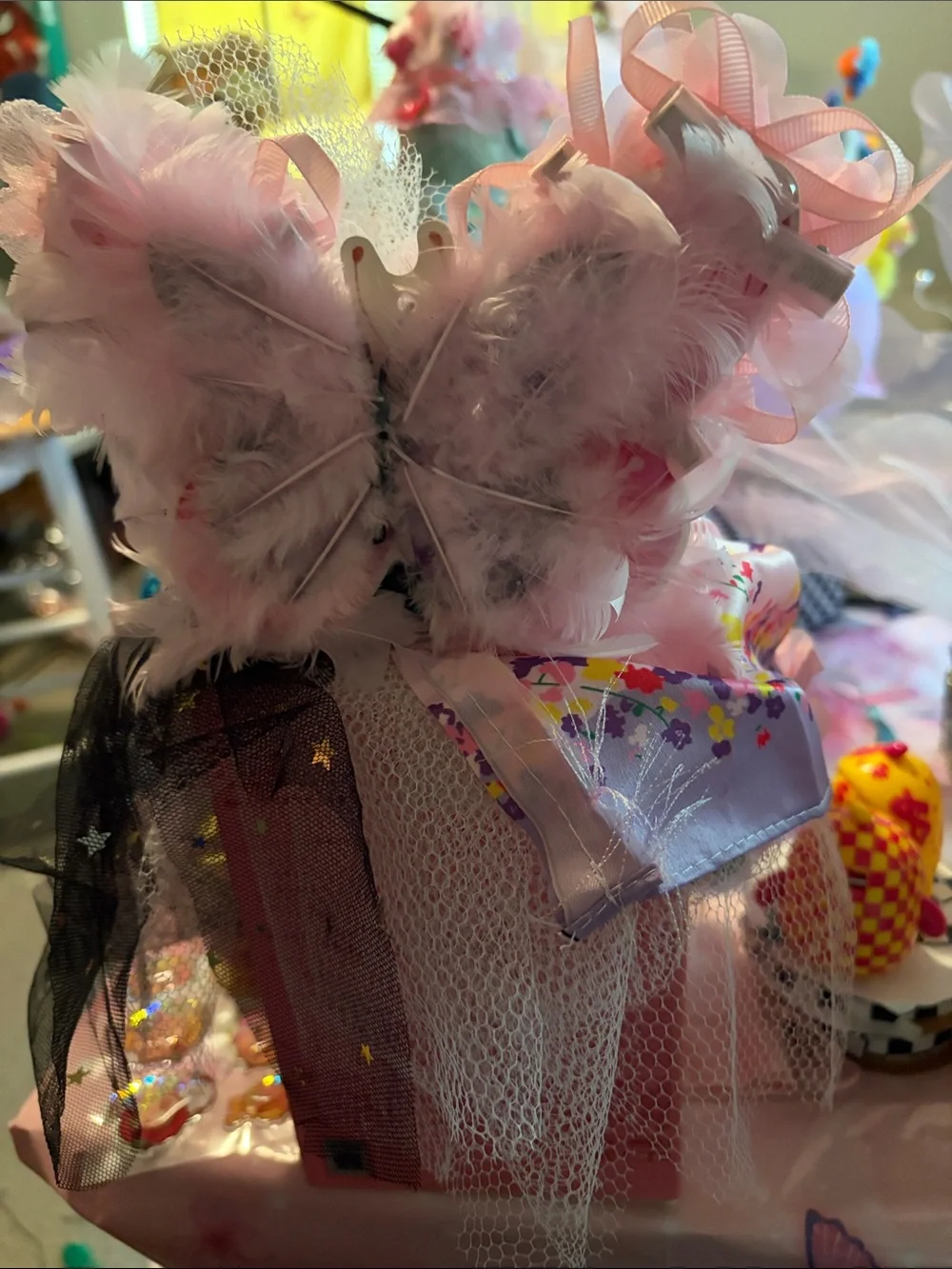Pink Floral Decorative Faux Floral Accent with Pearl and Tulle Details